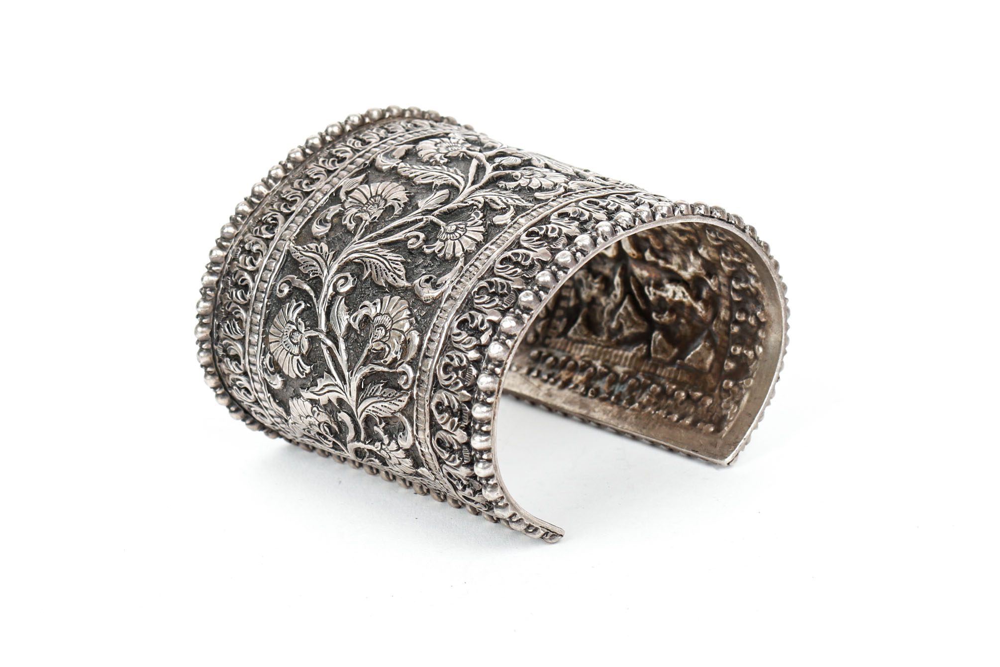 An Ornate Handmade Repousse Sterling Silver Cuff Bracelet