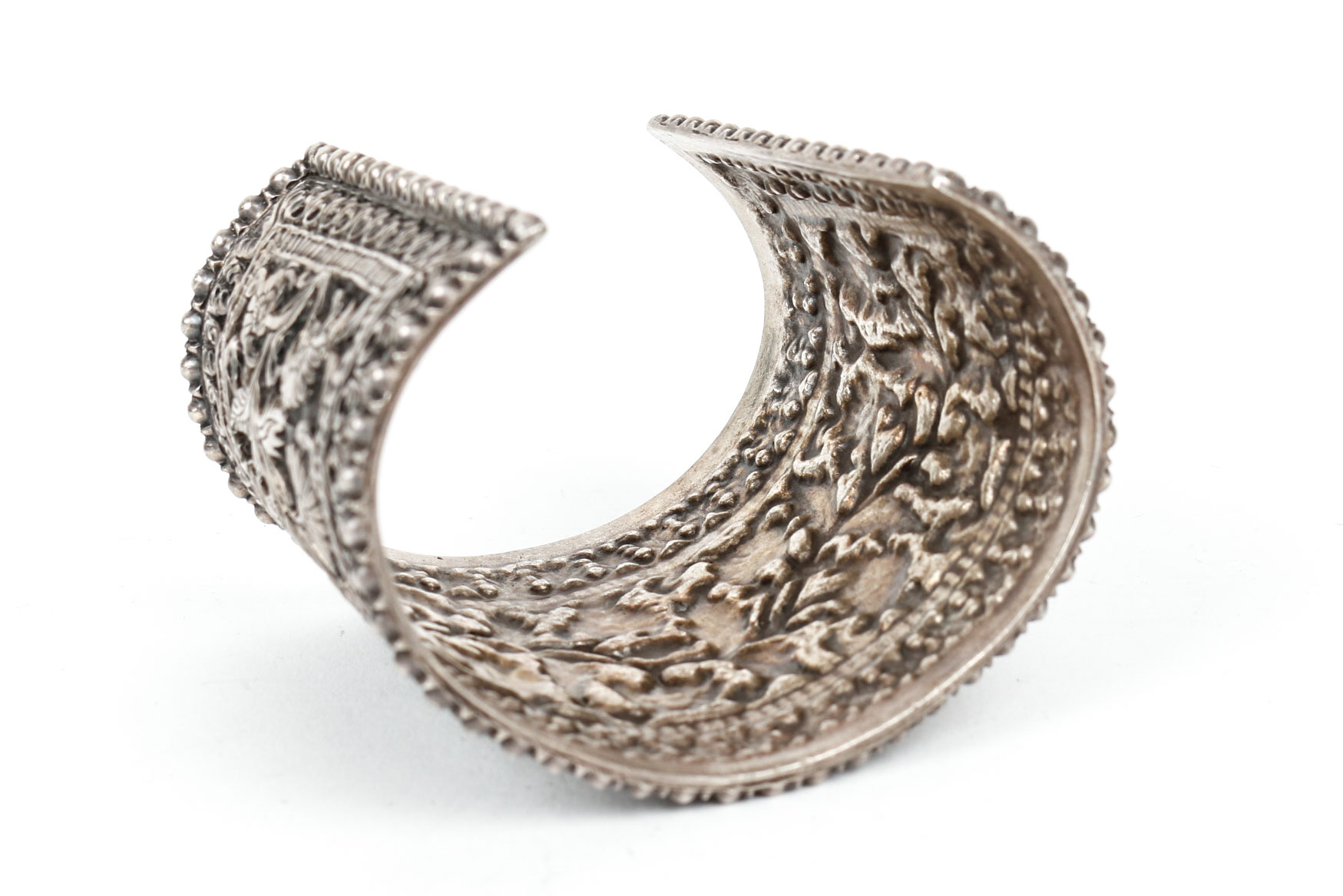 An Ornate Handmade Repousse Sterling Silver Cuff Bracelet