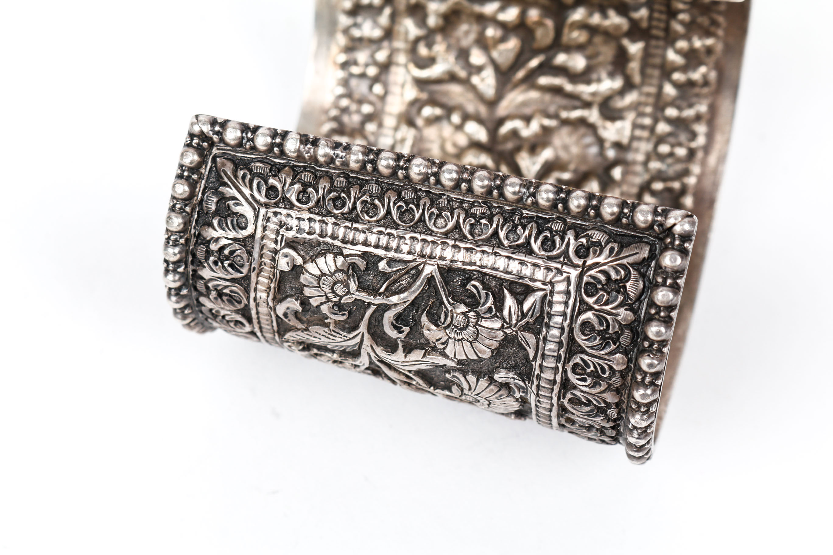 An Ornate Handmade Repousse Sterling Silver Cuff Bracelet