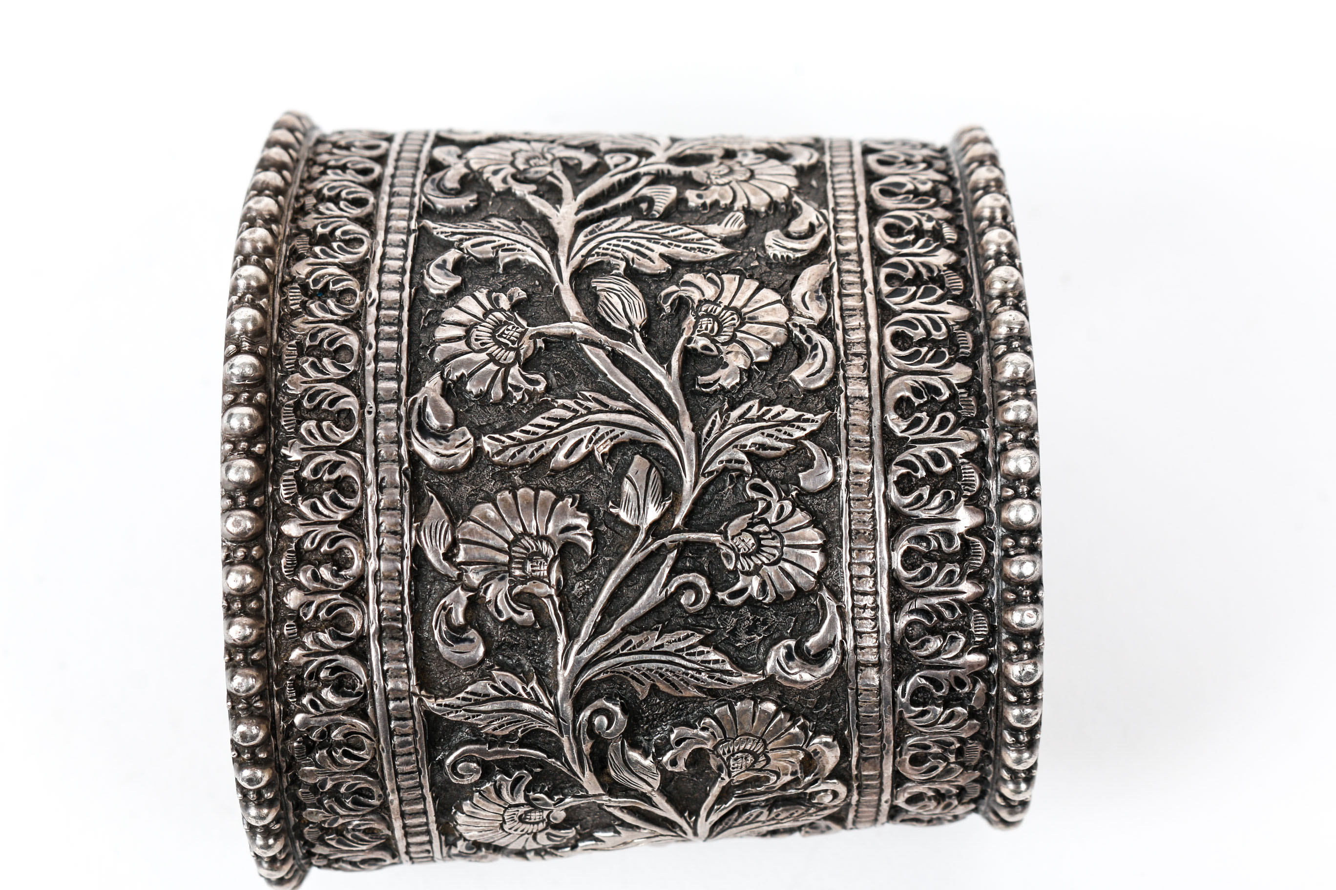 An Ornate Handmade Repousse Sterling Silver Cuff Bracelet
