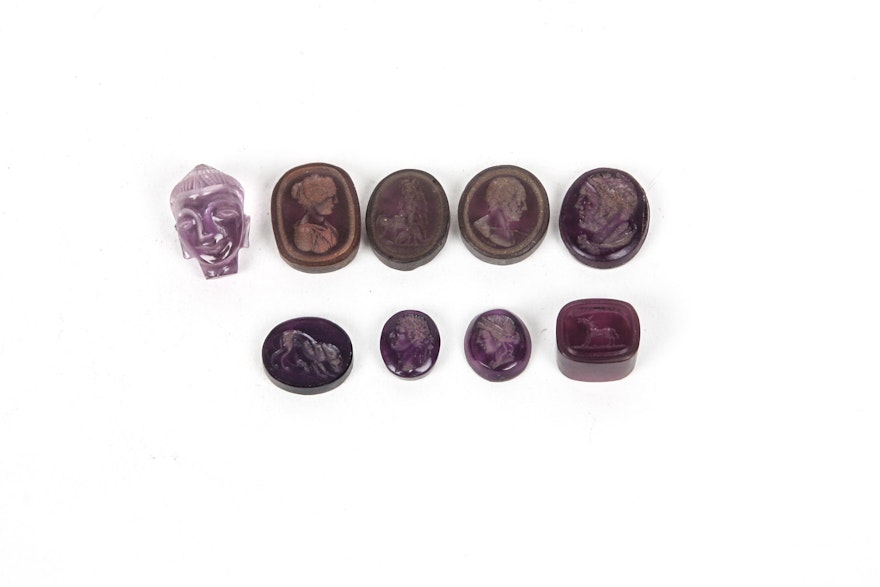 Antique Replicas of Ancient Seals and Amethyst Buddha Head