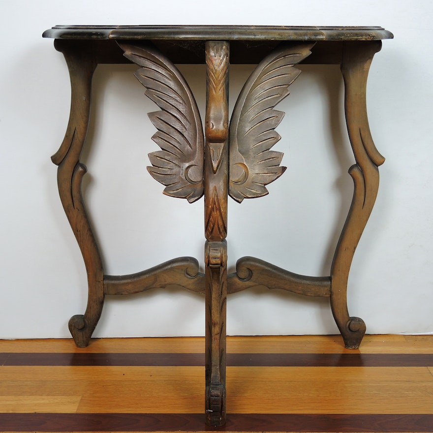 Vintage Demilune Table With Carved Bird Motif