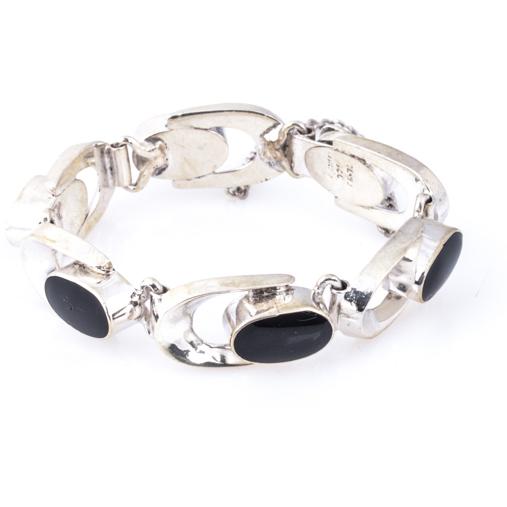 Sterling Silver Onyx Link Bracelet