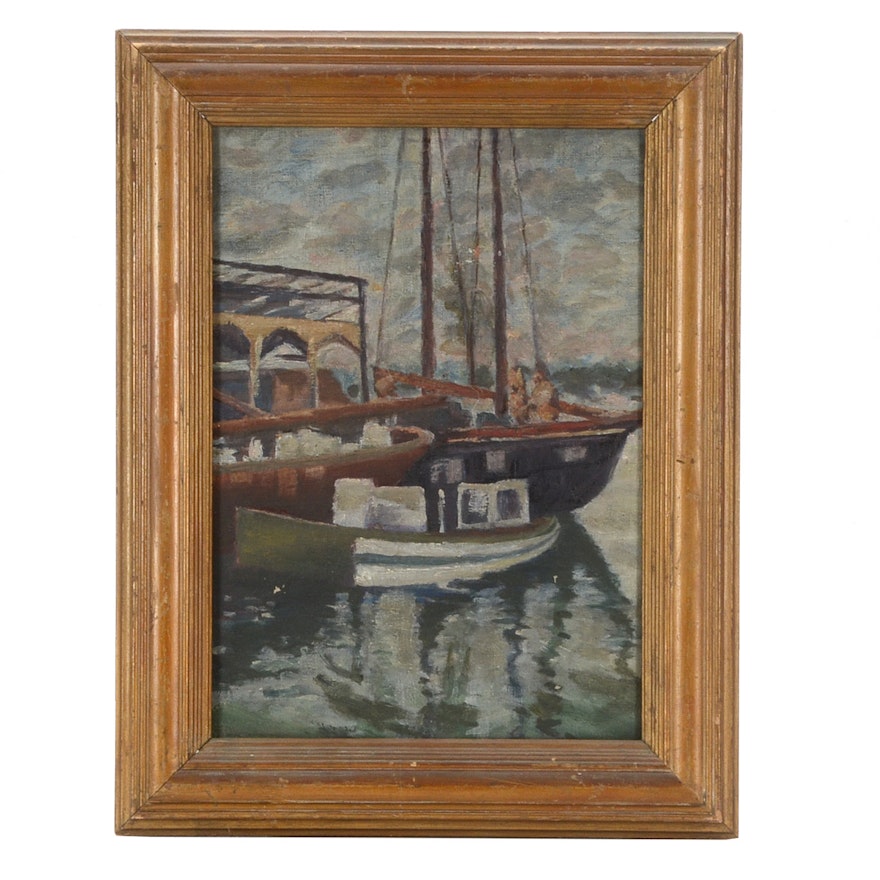 Original Oil on Canvas Harbor Scene