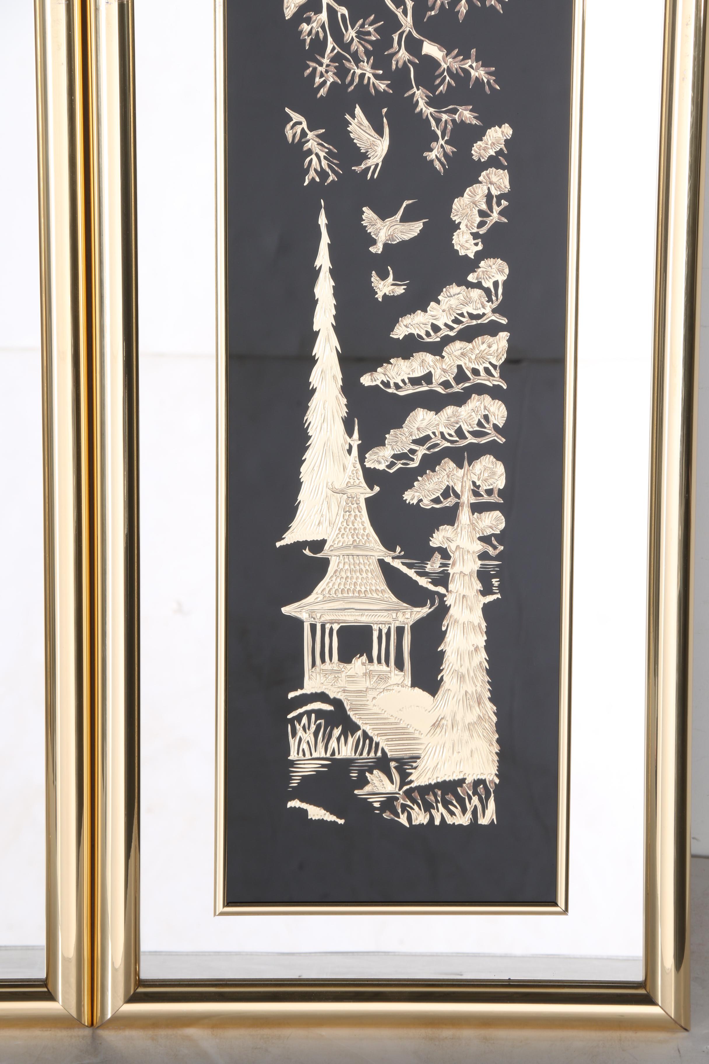 Chinese Inspired Carved Wooden Scenes in Mirrored Frames