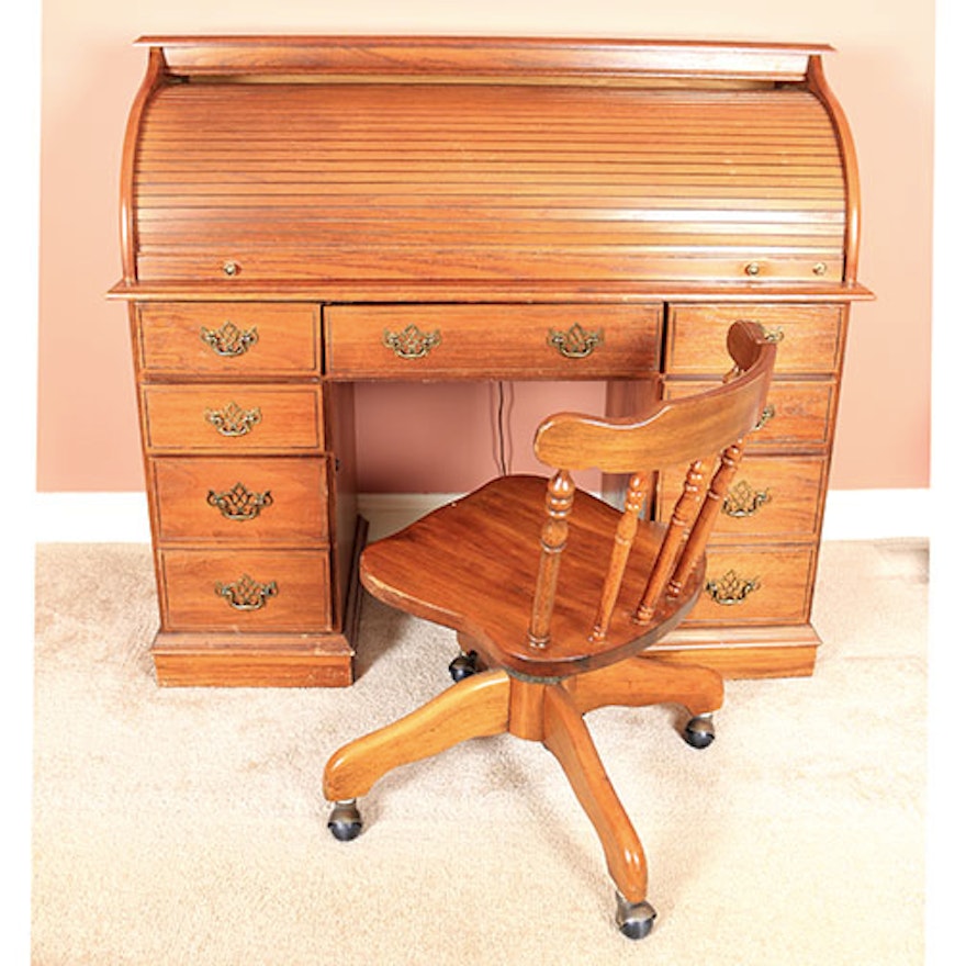 Oak Roll Top Desk with Chair