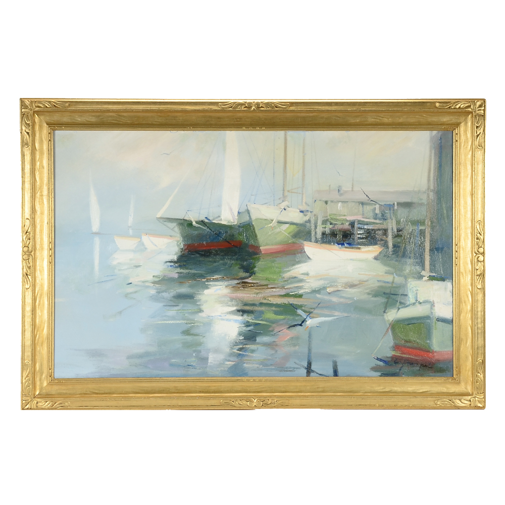 Large-Scale Original Signed Harbor Scene Oil on Canvas in Fine Carved Arts & Crafts Gold Leaf Frame