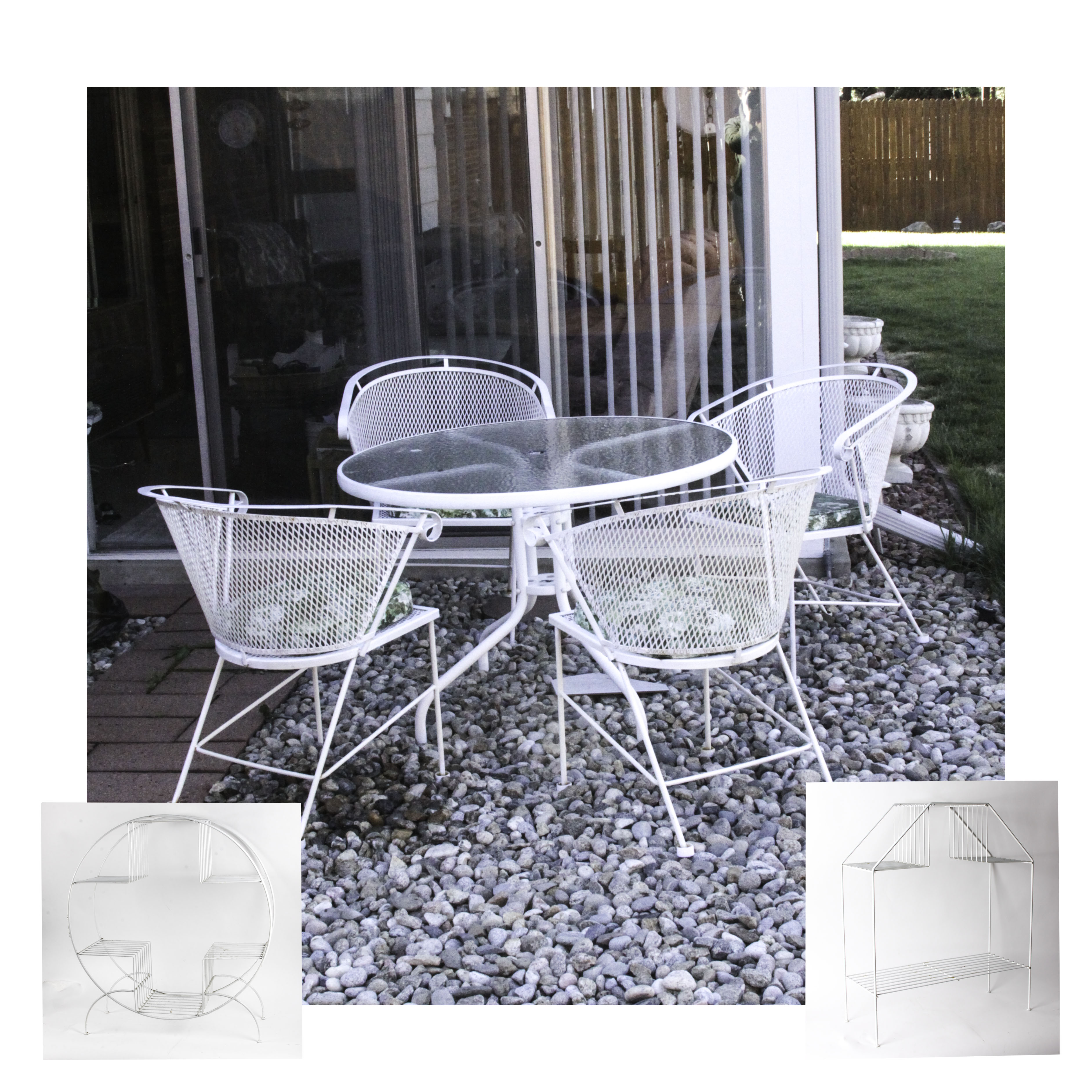 White Metal Patio Dining Set and Plant Stands