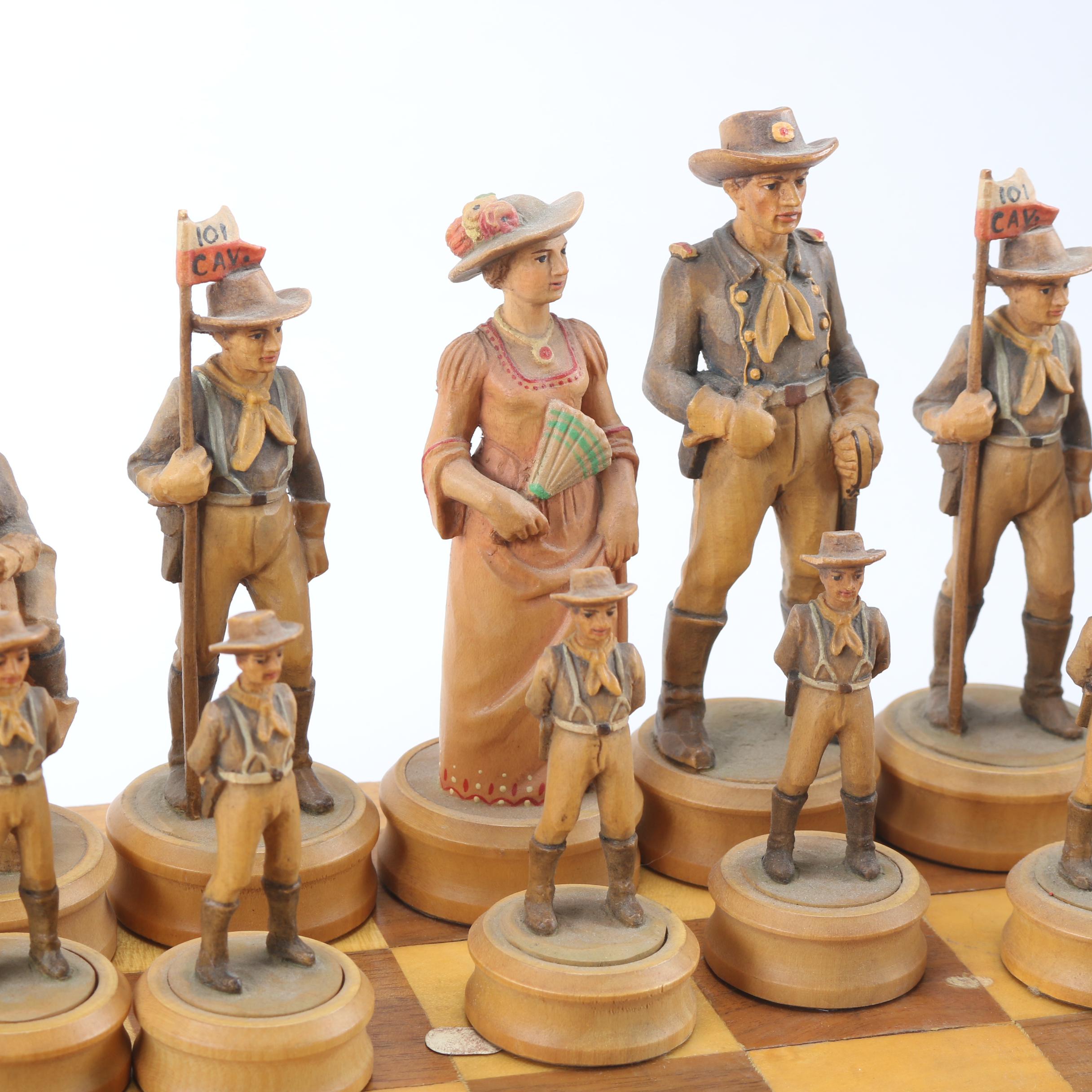 Anri Hand-Carved "Cowboy and Indian" Chess Set