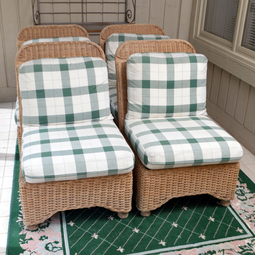 Four Wicker Chairs With Plaid Cushions