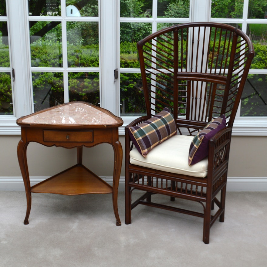 French Provincial Style Marble Top Table and Bamboo Chair