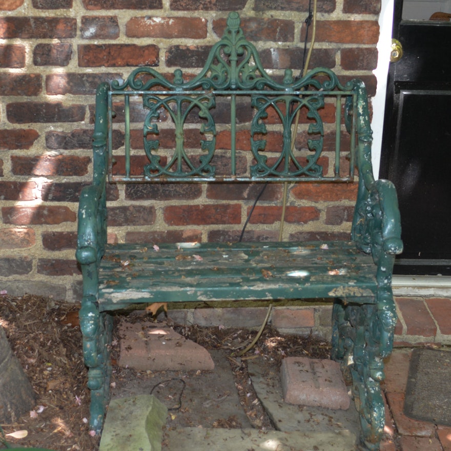 Vintage Cast Iron Garden Bench in Green Paint