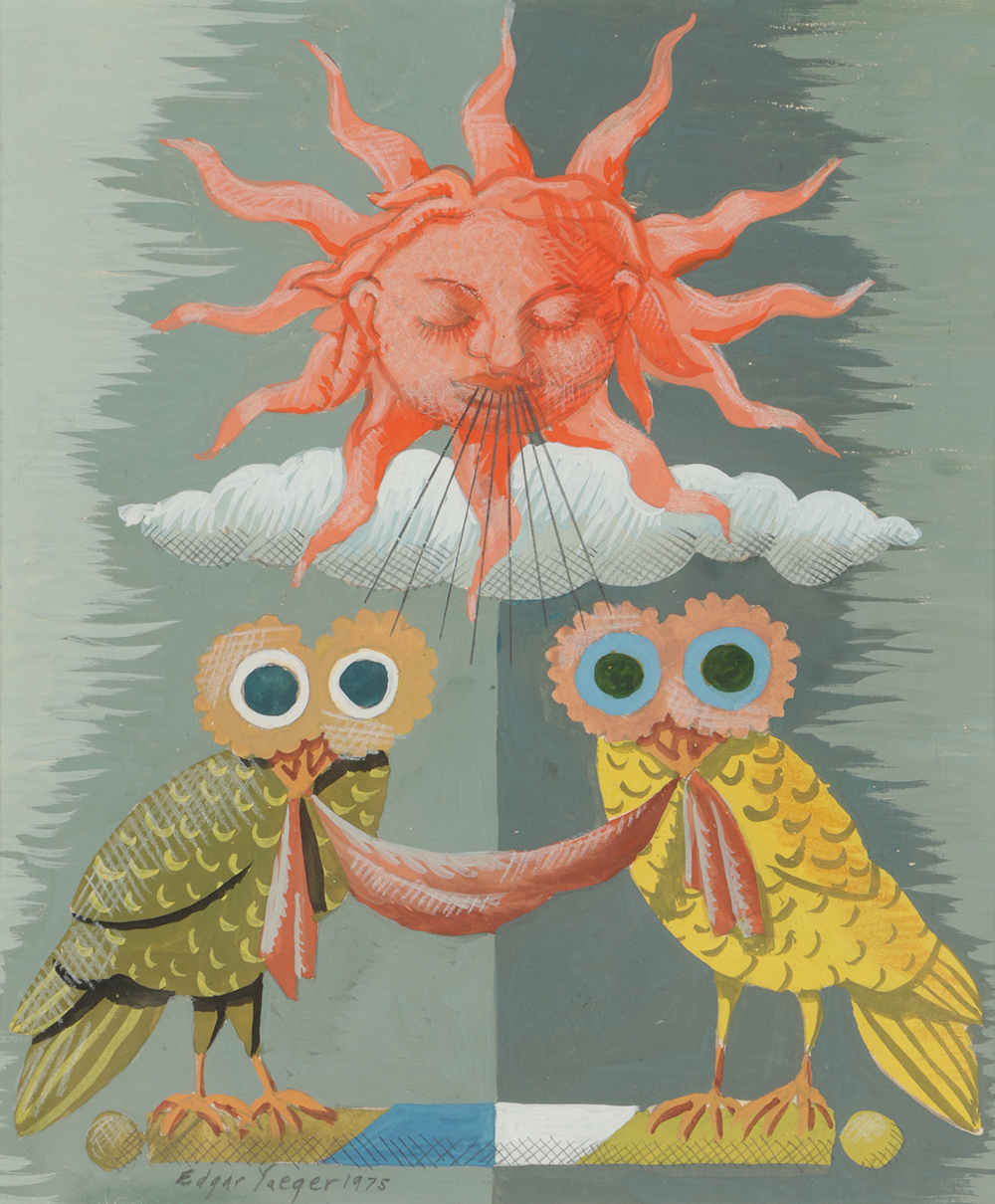 Edgar Yaeger Gouache Painting on Paper Owls under Sun