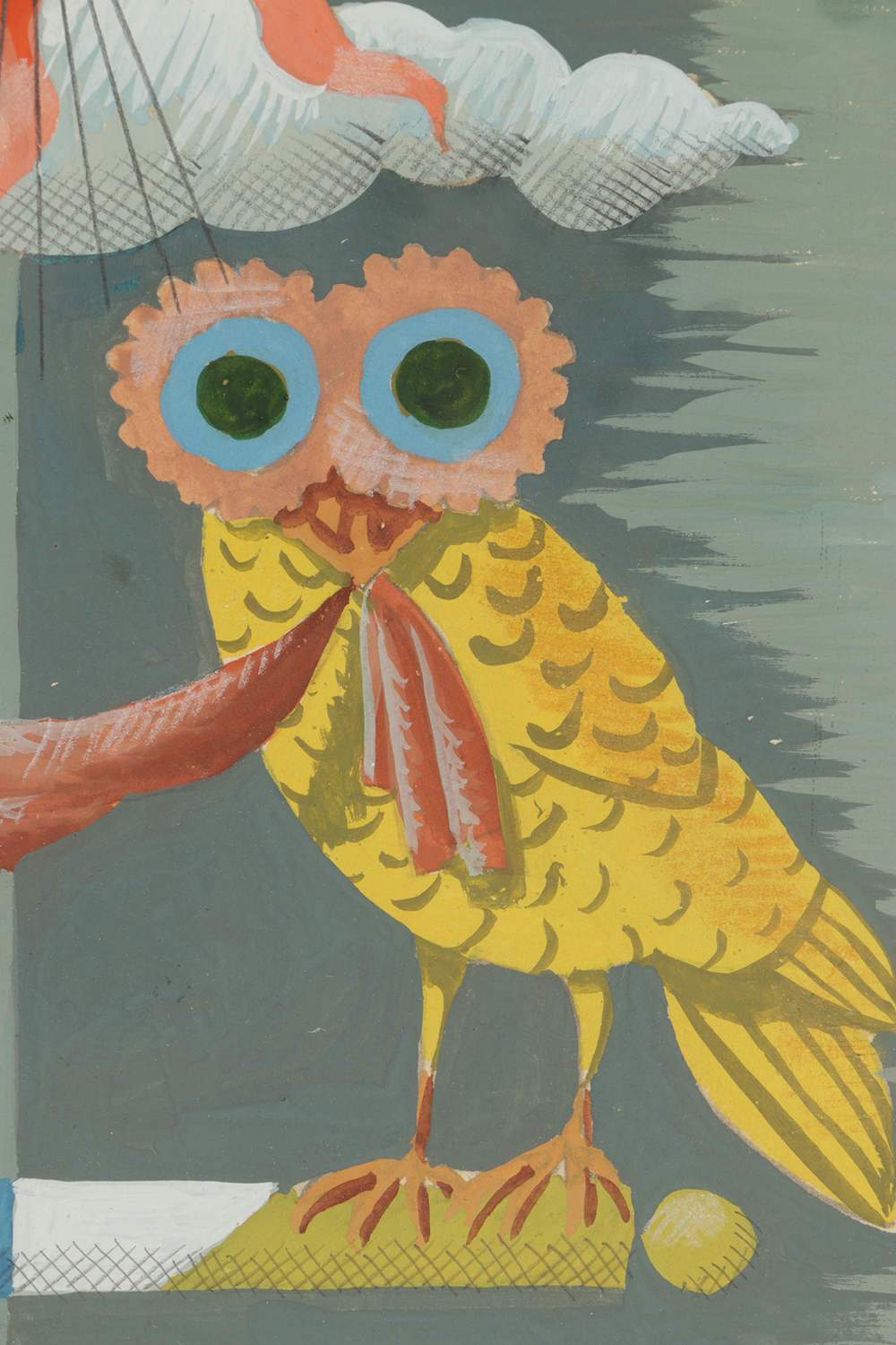 Edgar Yaeger Gouache Painting on Paper Owls under Sun