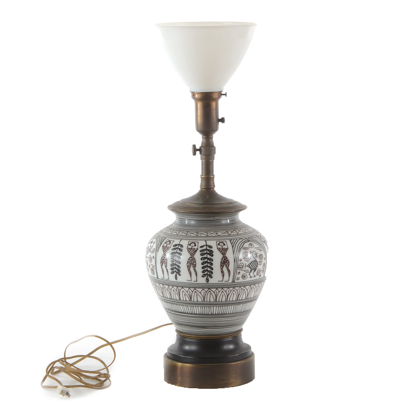 Hand-Painted Milk Glass and Brass Table Lamp
