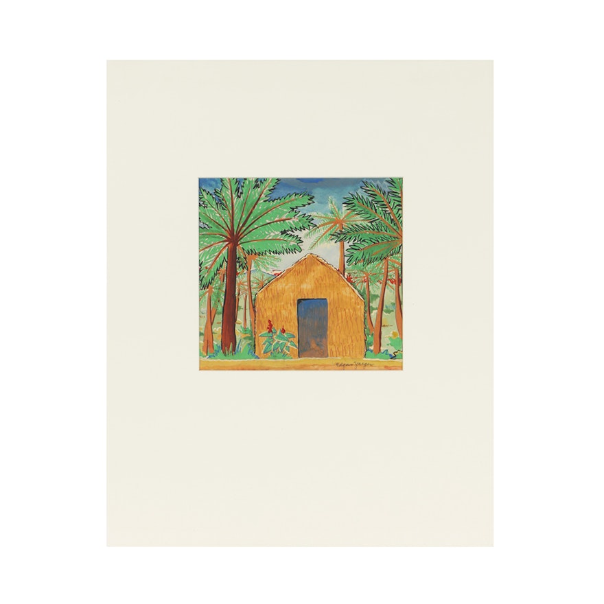 Edgar Yaeger Original Watercolor  Painting on Paper "Village Hut"