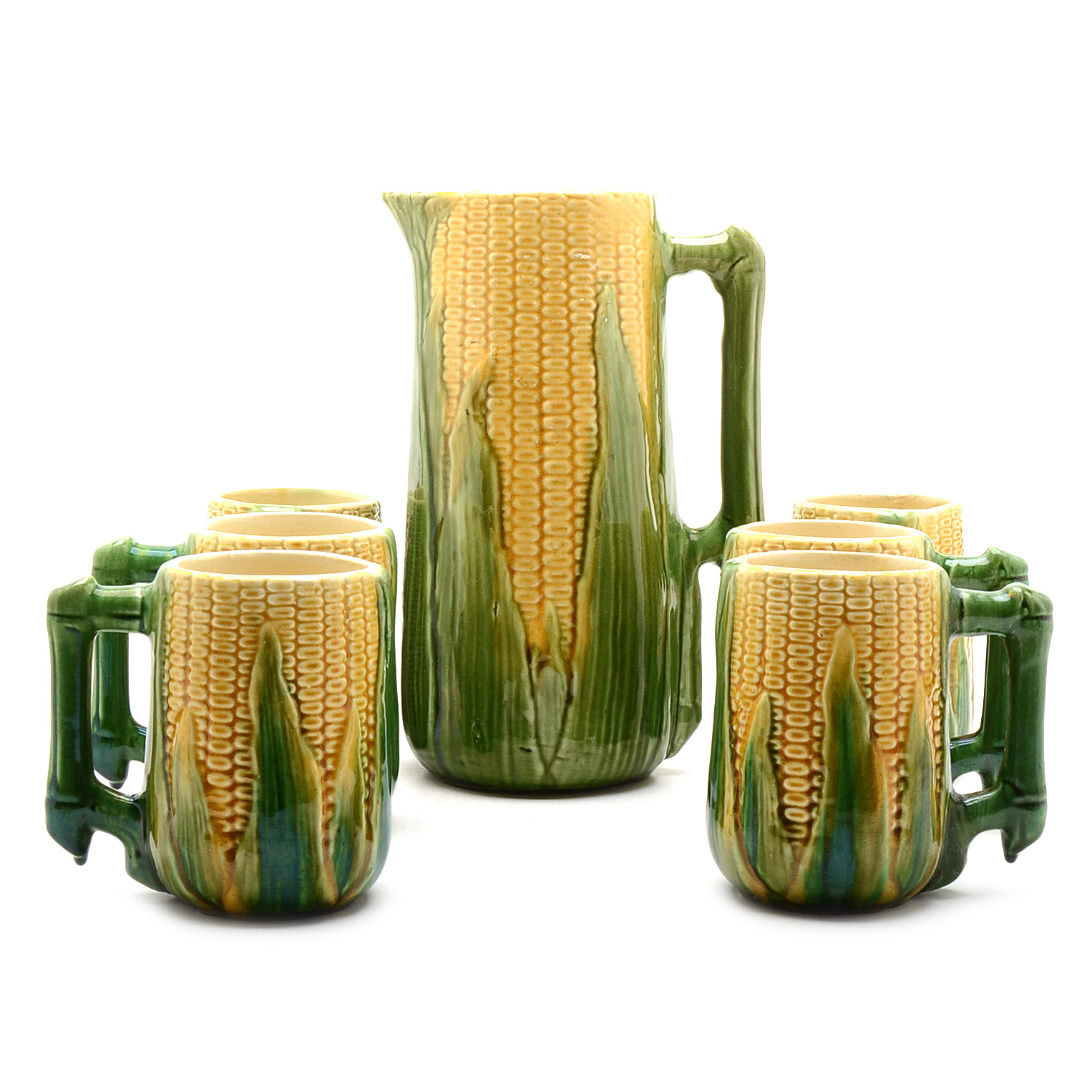 Brush McCoy Pottery Majolica Corn Pitcher with Mugs