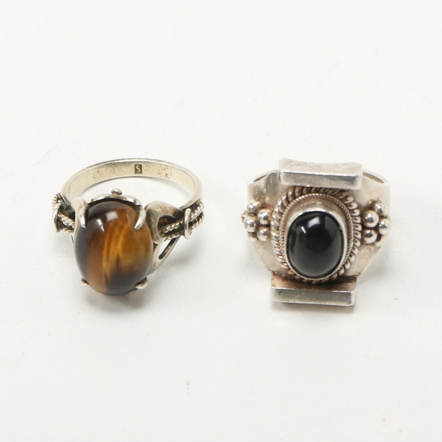 Sterling Silver Rings With Tiger's Eye and Obsidian