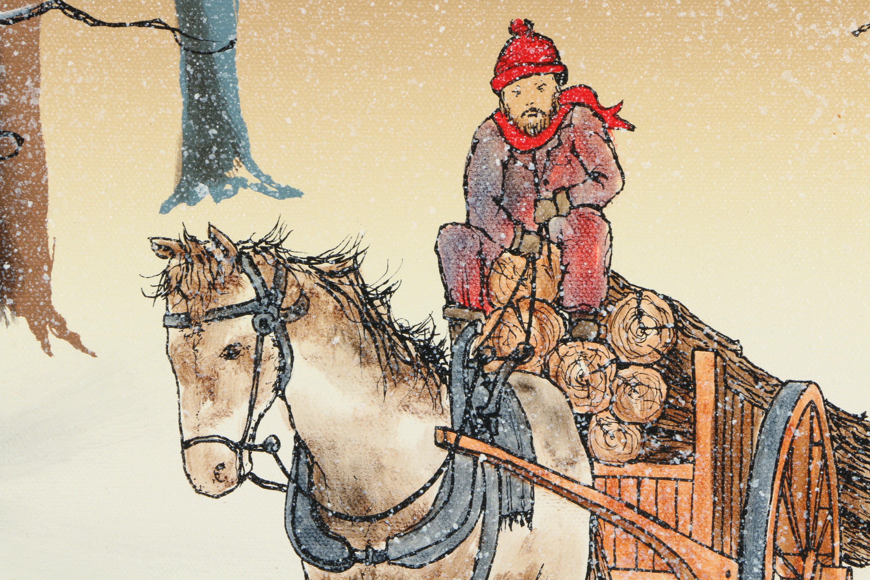 Maurice Bouchard Oil Painting and Serigraph on Canvas of a Winter Scene