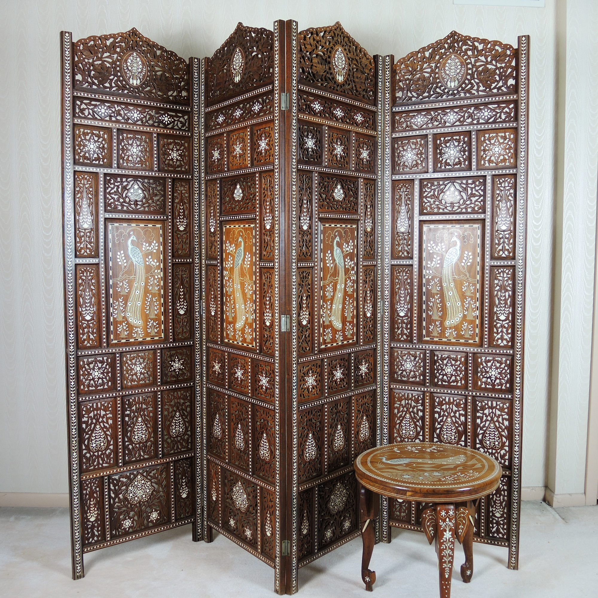 Peacock Inlay Carved Rosewood Screen and Matching Table