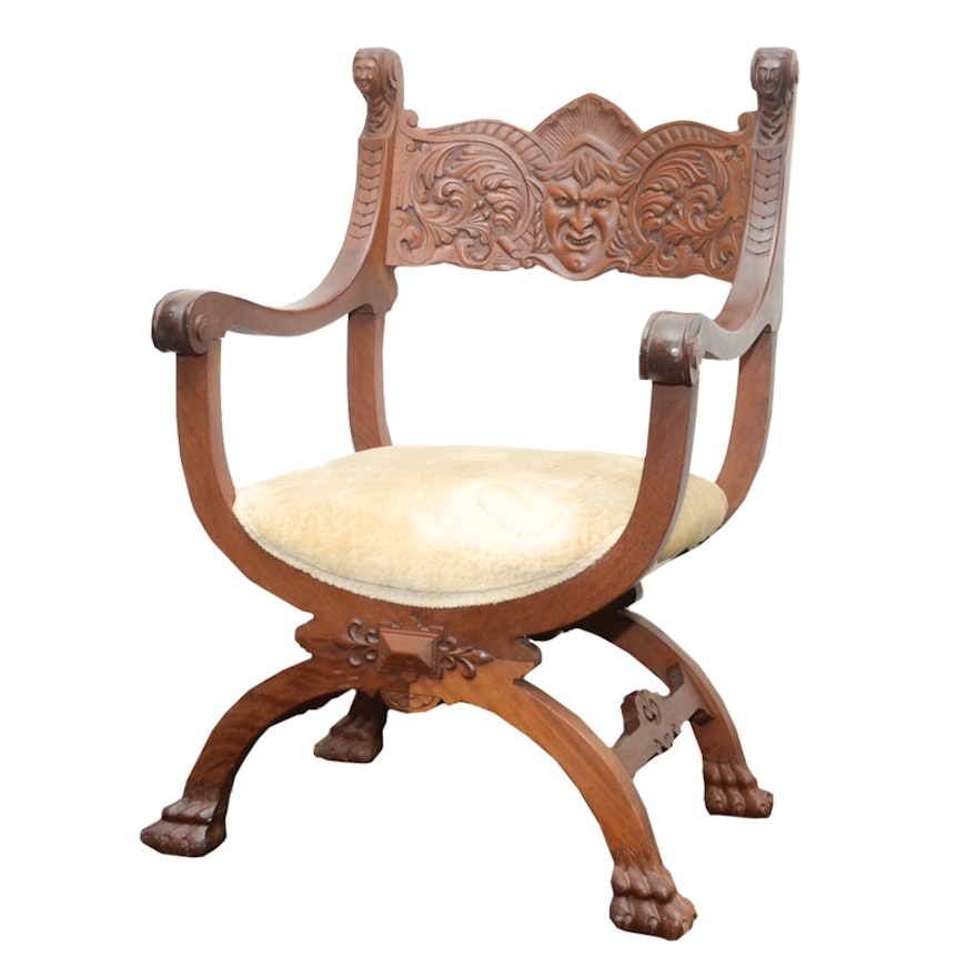 Circa 1900 Renaissance Style Curule-Form Armchair