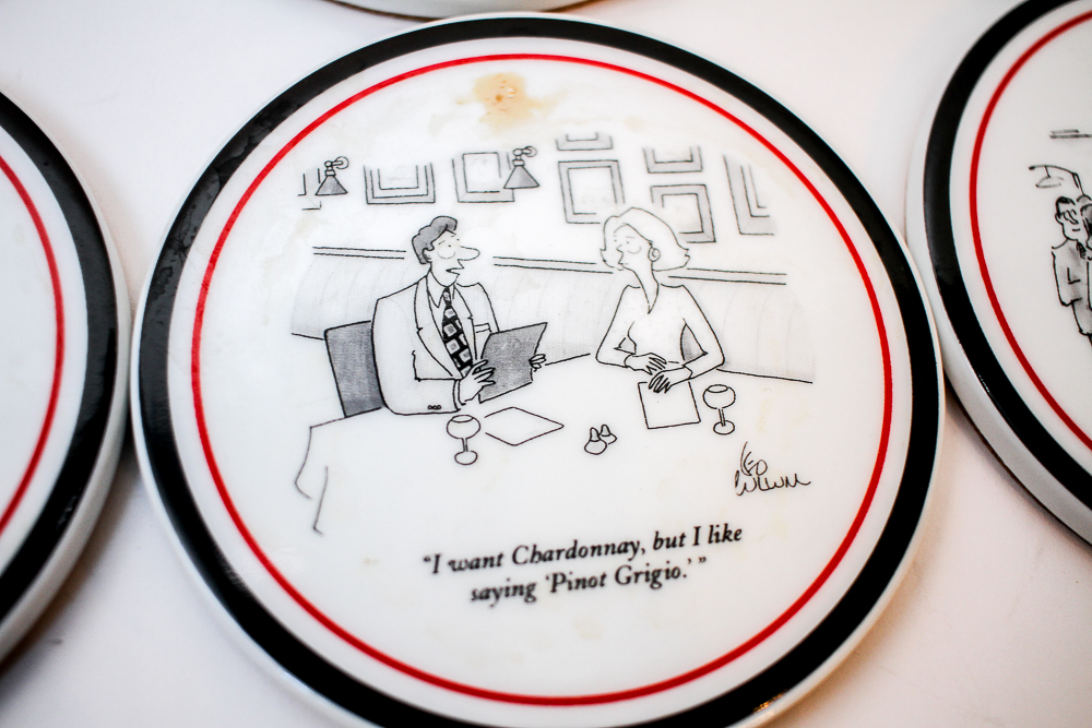 Williams-Sonoma "Vins de Champagne" Plates and "New Yorker" Wine Cartoon Coasters