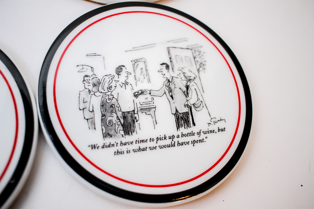 Williams-Sonoma "Vins de Champagne" Plates and "New Yorker" Wine Cartoon Coasters