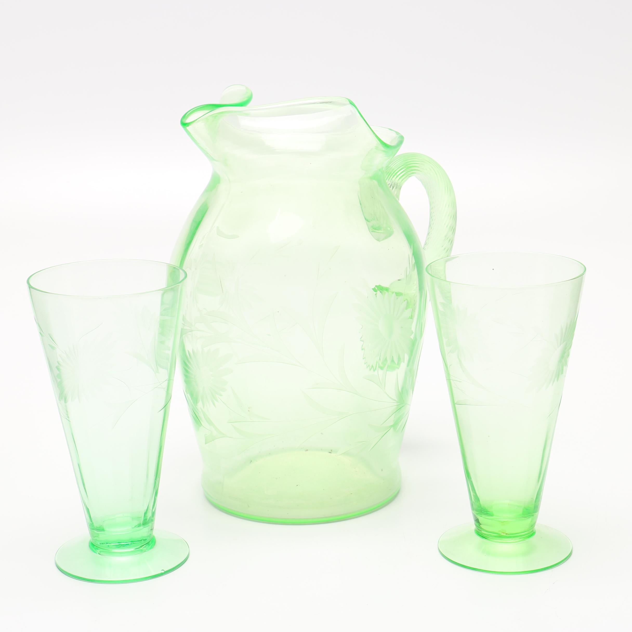 Vaseline Glass Pitcher & Glasses