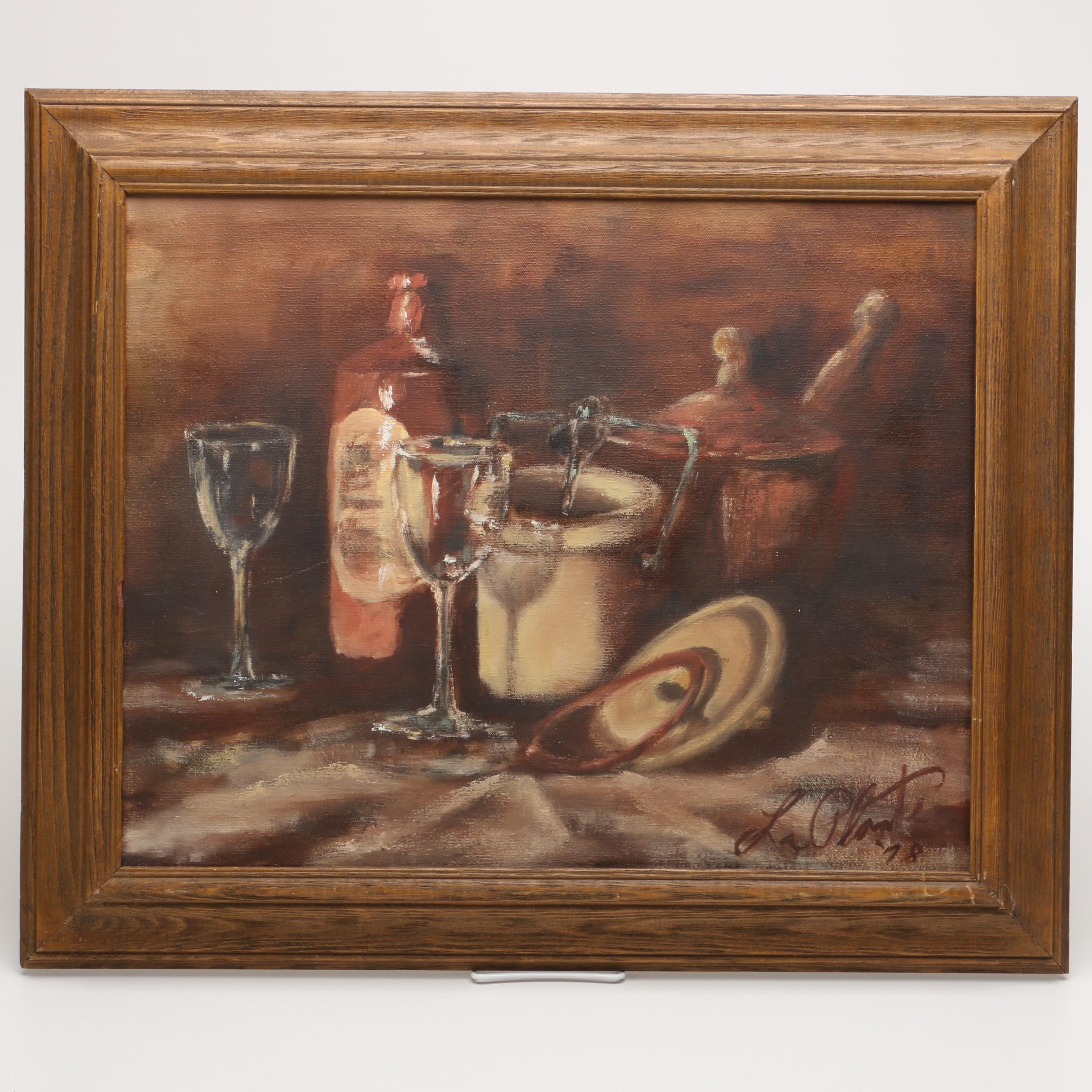 La Plante 1978 Still Life Oil on Canvas of Barware