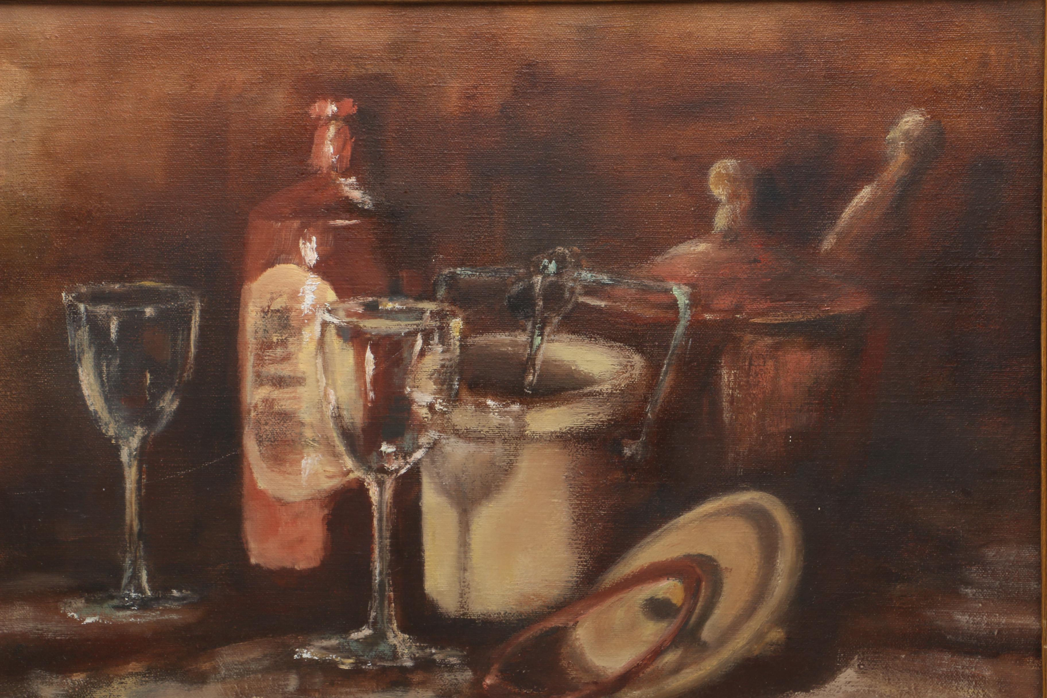 La Plante 1978 Still Life Oil on Canvas of Barware