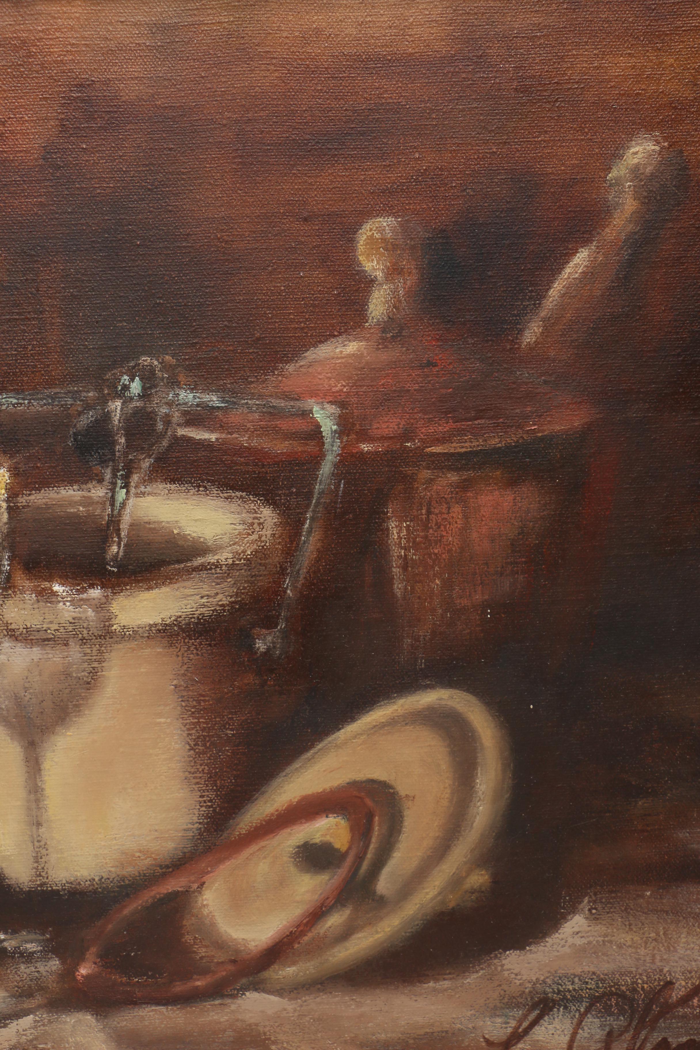 La Plante 1978 Still Life Oil on Canvas of Barware