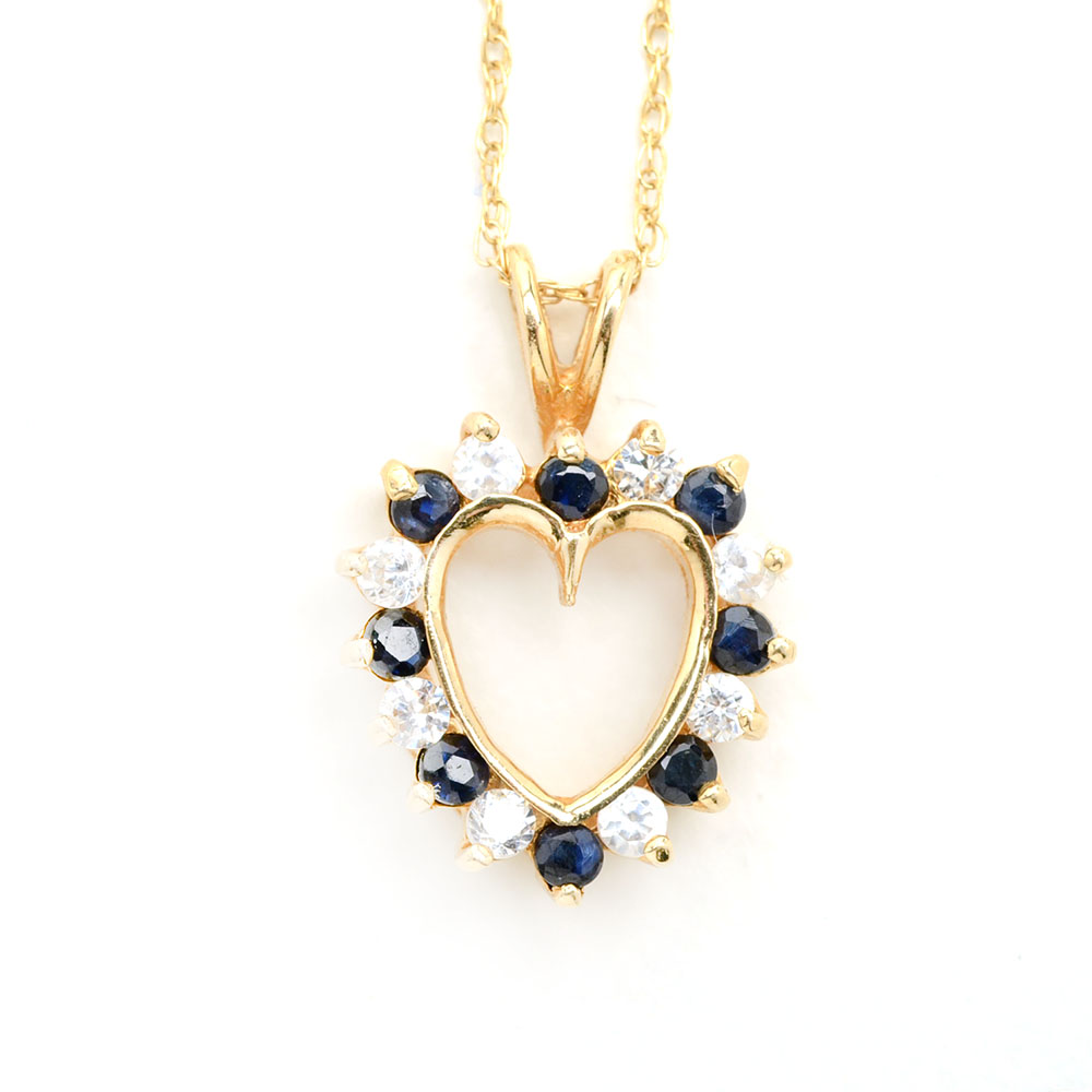 10K Gold Blue Sapphire and Cubic Zirconia Heart Pendant Necklace
