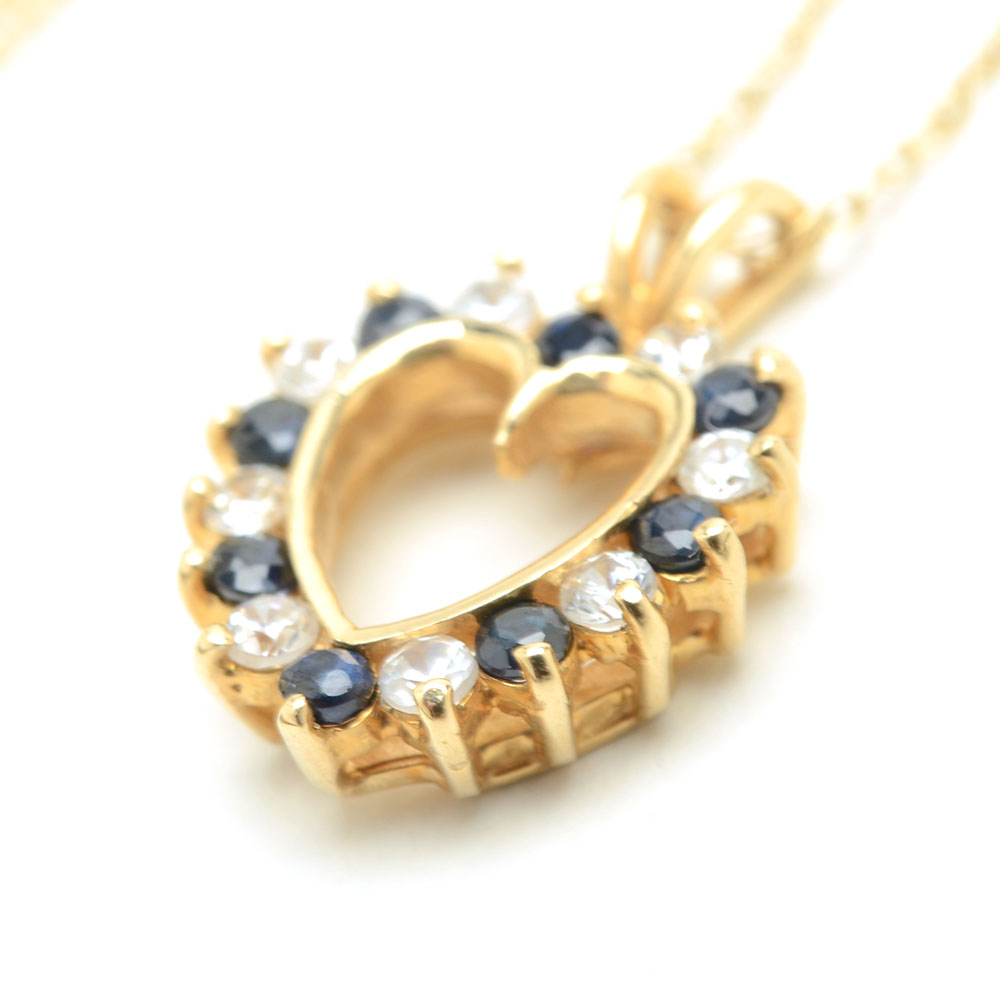 10K Gold Blue Sapphire and Cubic Zirconia Heart Pendant Necklace