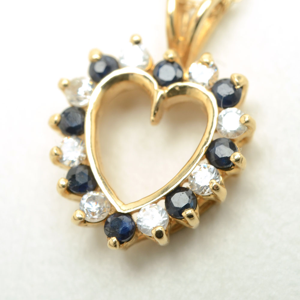 10K Gold Blue Sapphire and Cubic Zirconia Heart Pendant Necklace