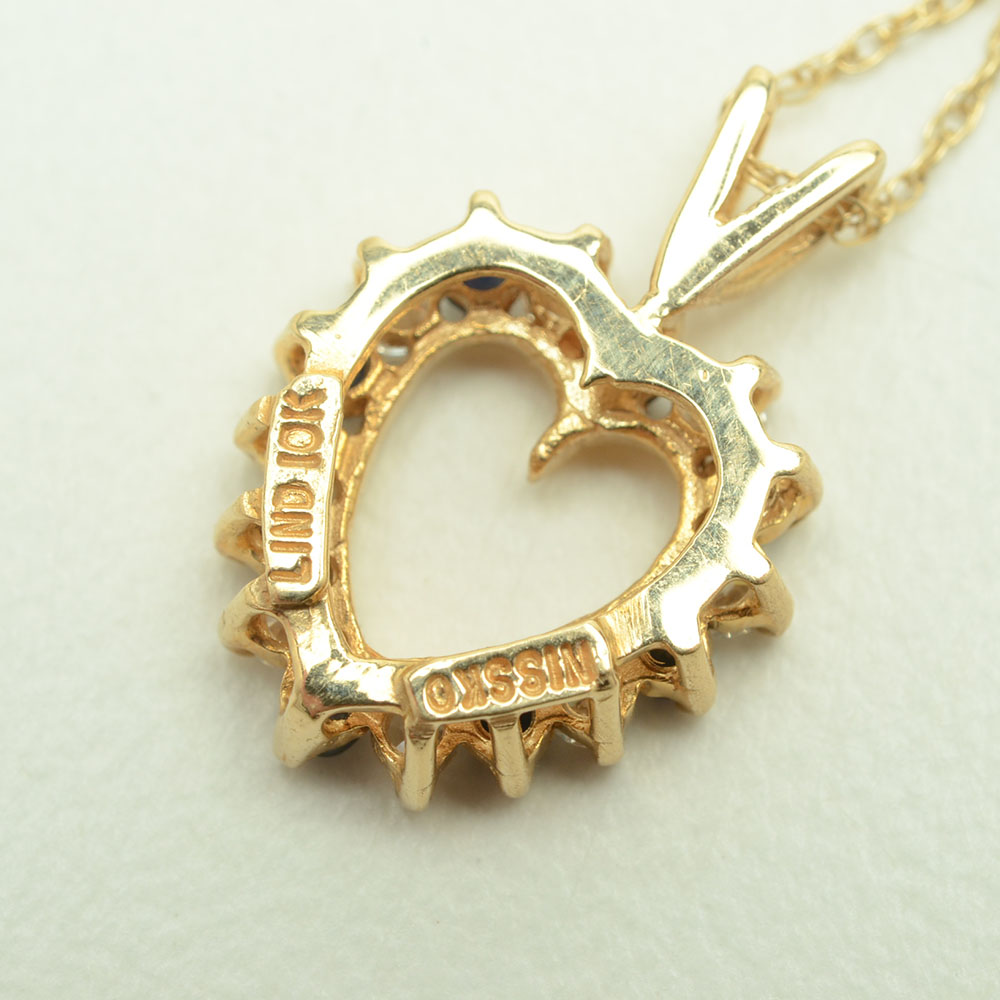 10K Gold Blue Sapphire and Cubic Zirconia Heart Pendant Necklace