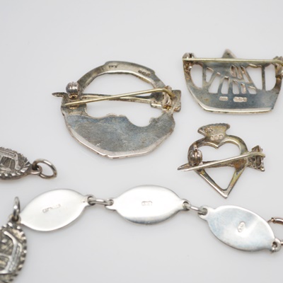 Three Themed Sterling Silver Brooches and One Bracelet