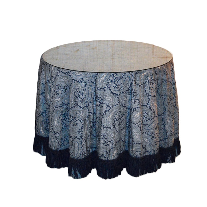 Blue Paisley Tablecloth and Fiberboard Table