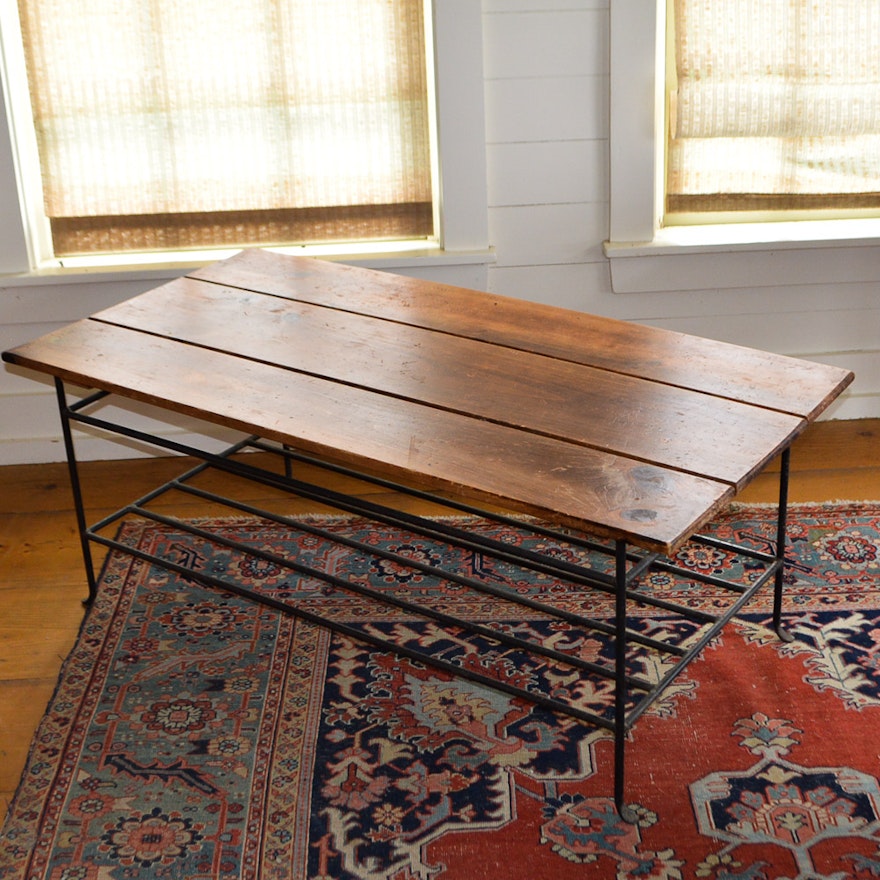 Distressed Pine and Wrought Iron Coffee Table