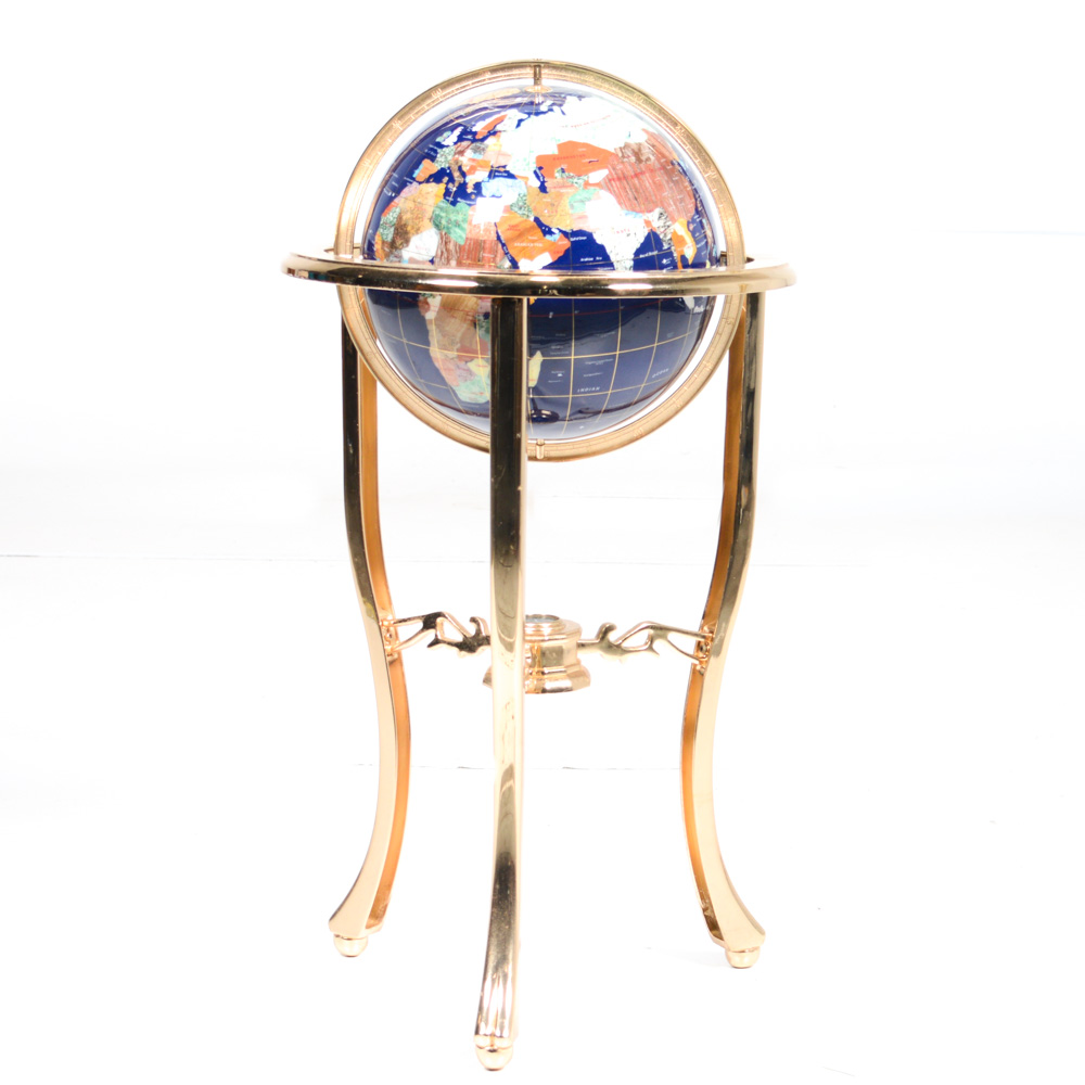 Lapis Lazuli and Gemstone Inlay World Globe with Brass Floor Stand