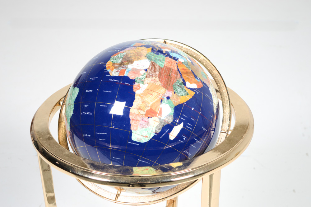Lapis Lazuli and Gemstone Inlay World Globe with Brass Floor Stand