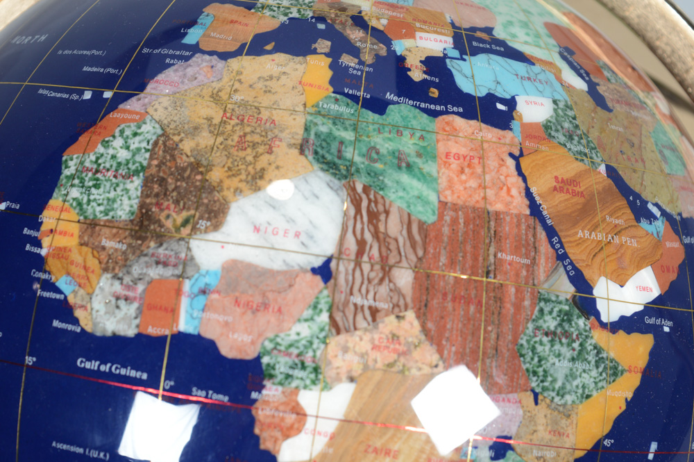 Lapis Lazuli and Gemstone Inlay World Globe with Brass Floor Stand