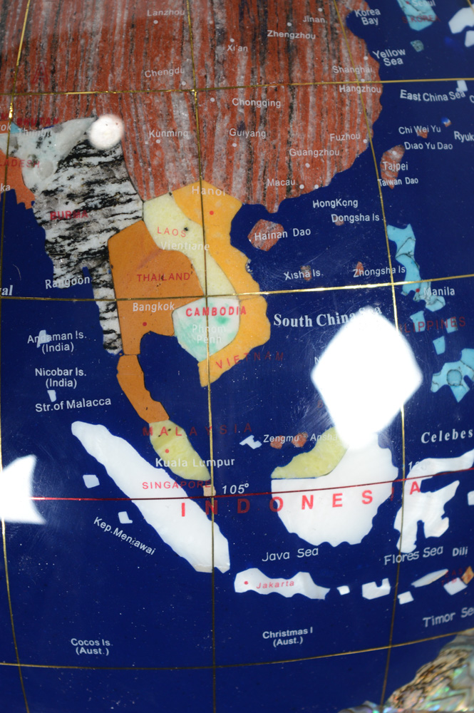 Lapis Lazuli and Gemstone Inlay World Globe with Brass Floor Stand