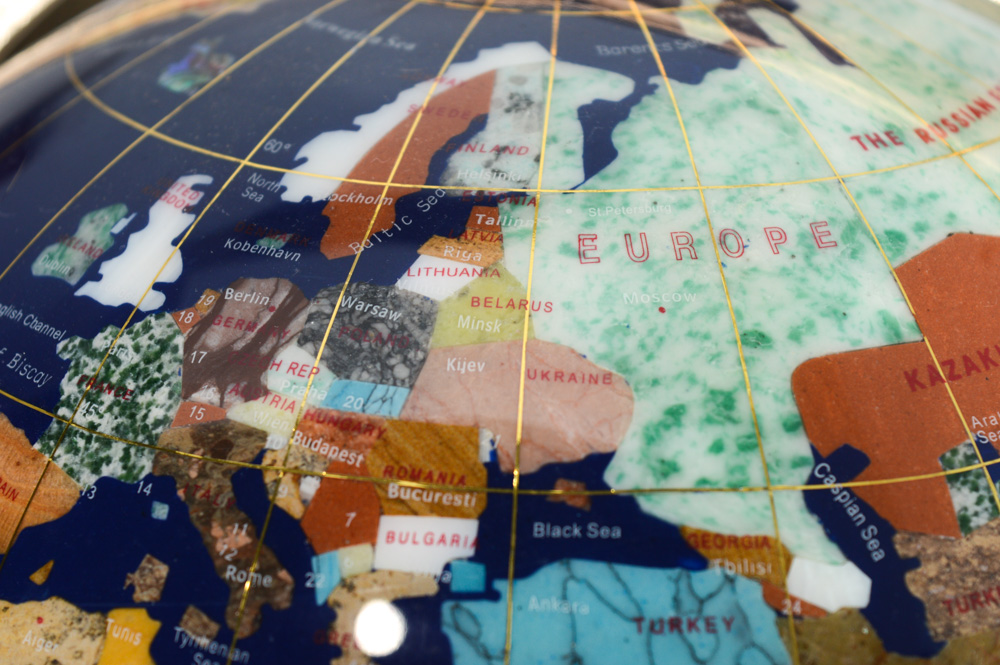 Lapis Lazuli and Gemstone Inlay World Globe with Brass Floor Stand