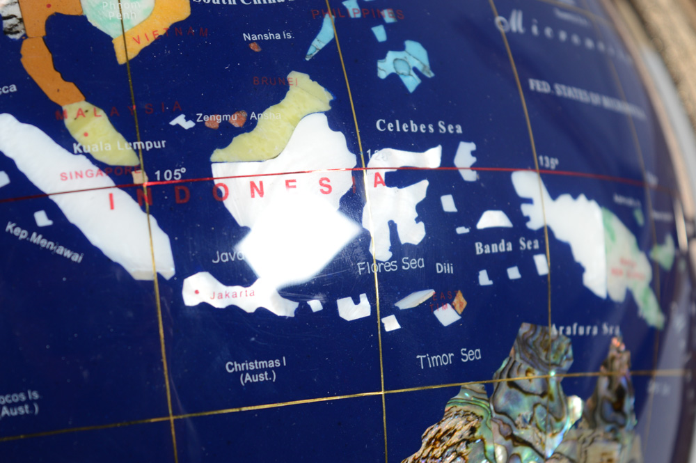 Lapis Lazuli and Gemstone Inlay World Globe with Brass Floor Stand