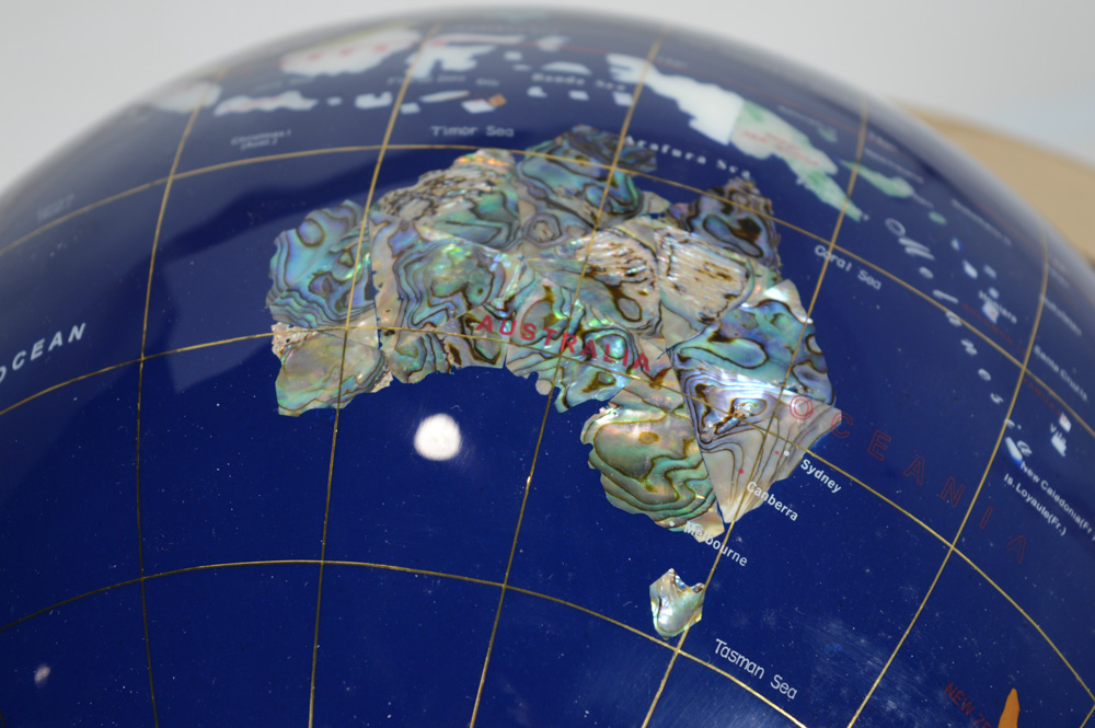 Lapis Lazuli and Gemstone Inlay World Globe with Brass Floor Stand