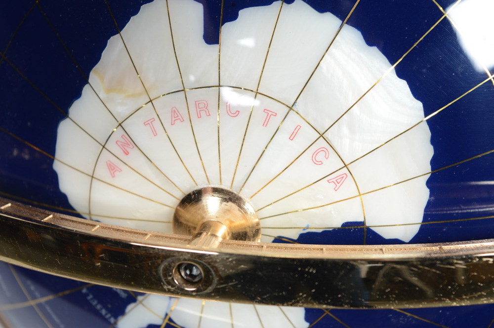 Lapis Lazuli and Gemstone Inlay World Globe with Brass Floor Stand
