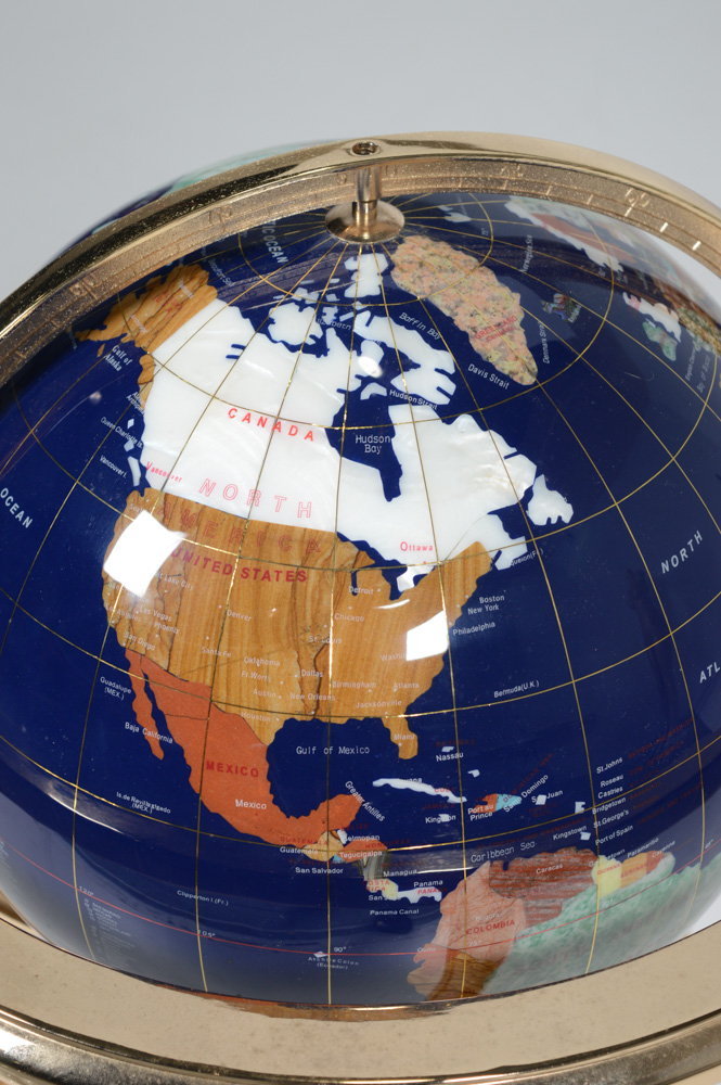 Lapis Lazuli and Gemstone Inlay World Globe with Brass Floor Stand