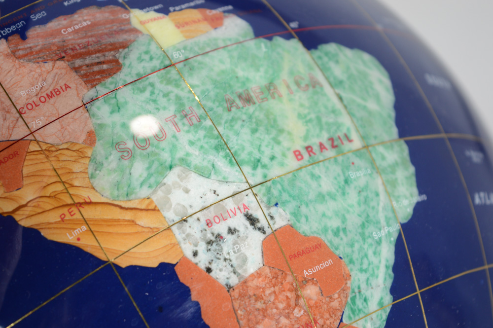 Lapis Lazuli and Gemstone Inlay World Globe with Brass Floor Stand