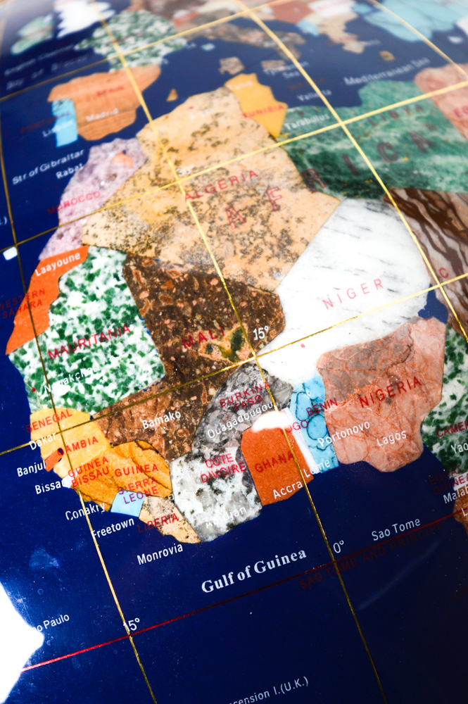 Lapis Lazuli and Gemstone Inlay World Globe with Brass Floor Stand