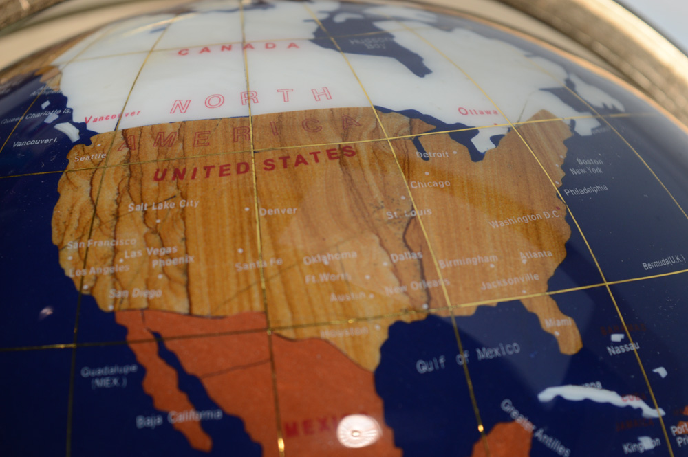 Lapis Lazuli and Gemstone Inlay World Globe with Brass Floor Stand